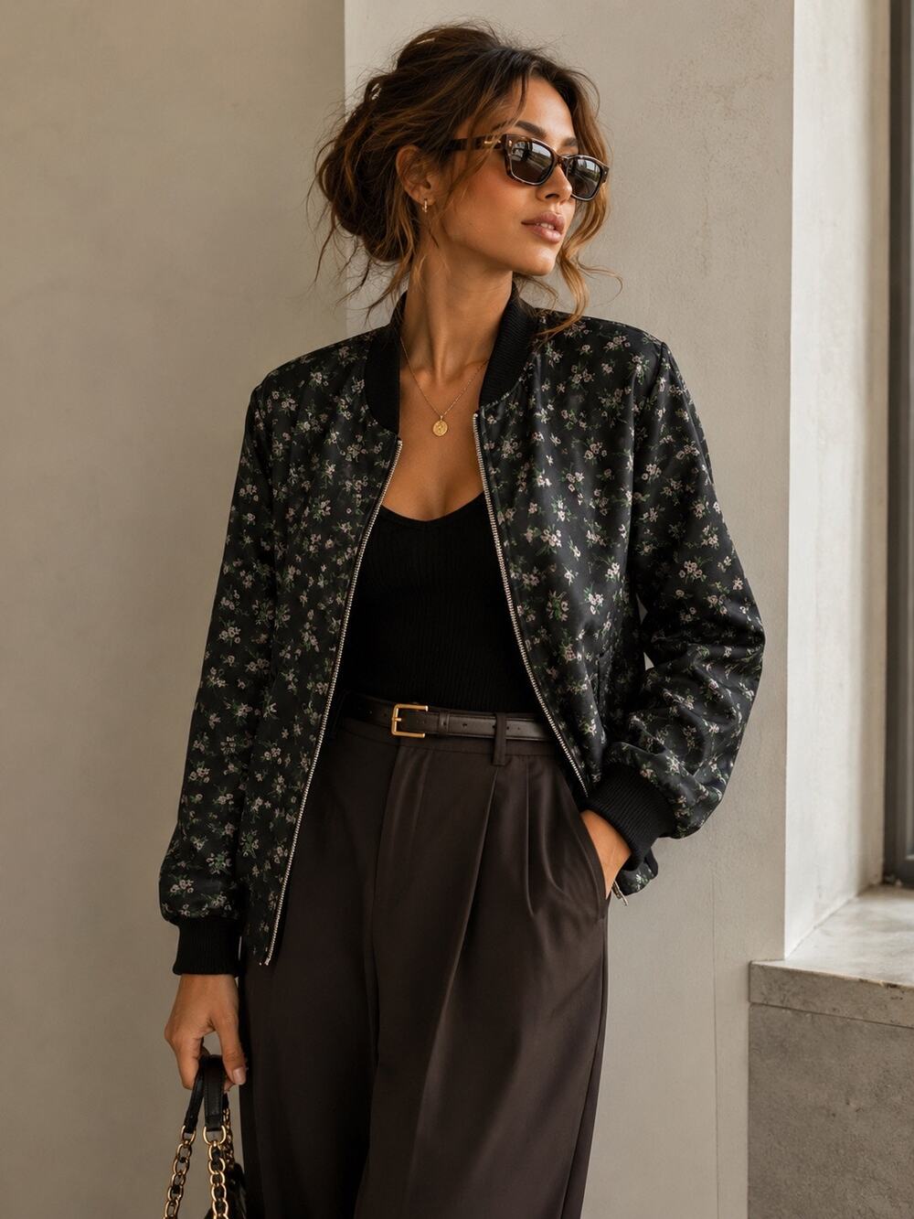Sister Jane Floral Print Long Sleeve Full Zip Bomber Jacket Black Womens Size XS